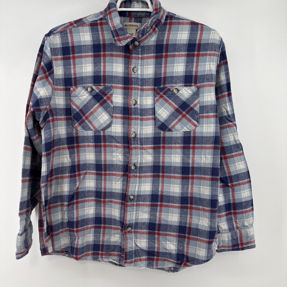 Ruff Hewn Mens Plaid Flannel Button Up Shirt Long Sleeve Red White Blue Outdoors